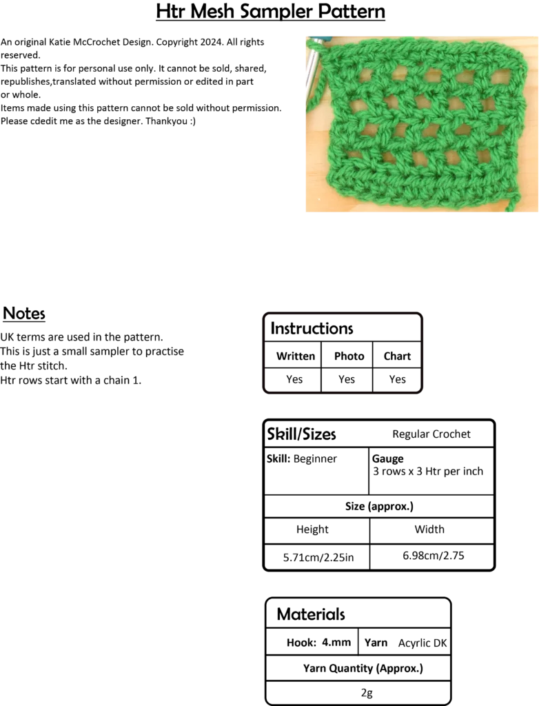 Crochet Pattern instructions Htr Hdc Mesh Front Page