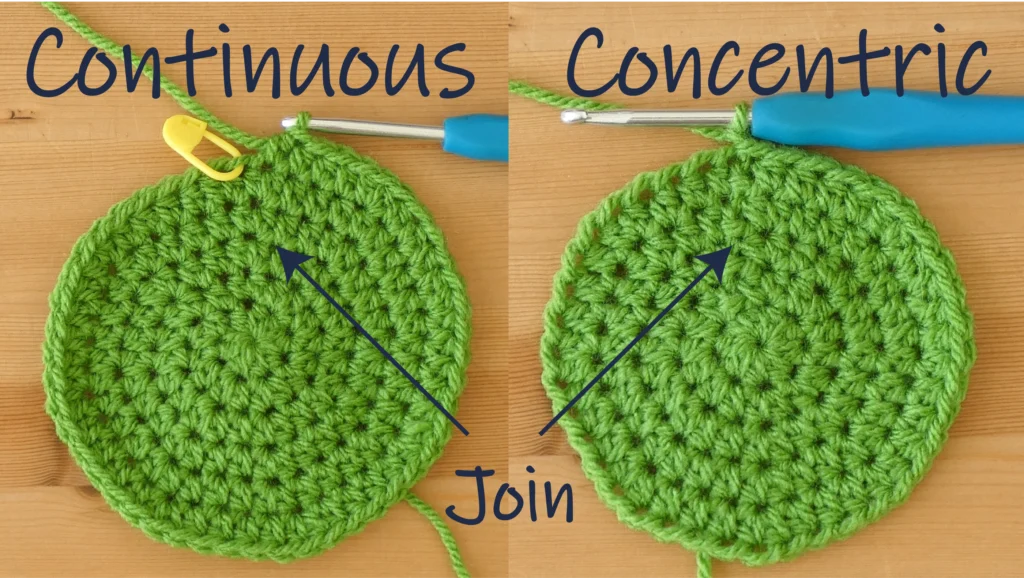 Crochet circles Continuous Crochet circles VS Concentric Crochet circles