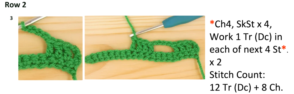 Crochet Pattern - Crossed Trebles Written pattern row 2