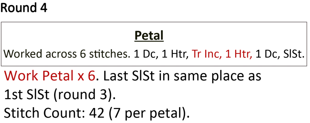 crochet pattern - easy crochet flower crochet written pattern - petal instruction Tr increase htr, Dc increase, hdc