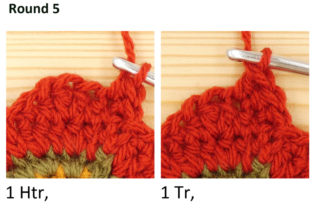 crochet pattern - easy crochet flower crochet photo pattern, round 5, 1 htr, 1 tr, 1 hdc, 1 dc