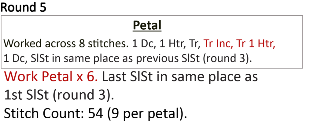crochet pattern - easy crochet flower crochet photo pattern, round 5, 1 tr inc, 1 tr, 1dc inc, 1 dc