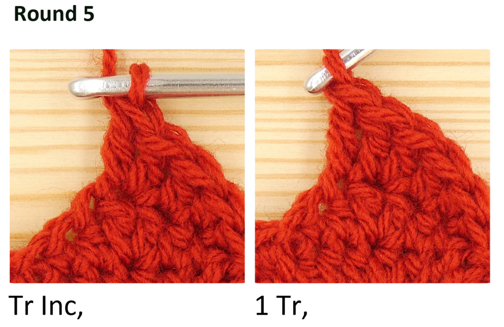 crochet pattern - easy crochet flower crochet photo pattern, round 5, 1 tr inc, 1 tr, 1dc inc, 1 dc