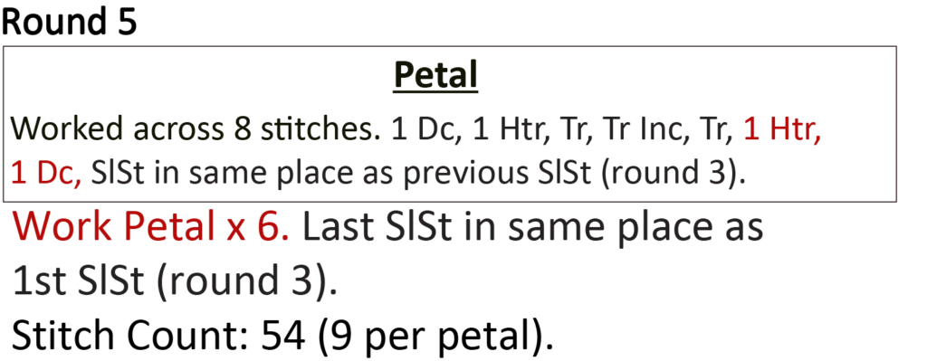 crochet pattern - easy crochet flower crochet written pattern, round 5, Htr, dc, Hdc, sc
