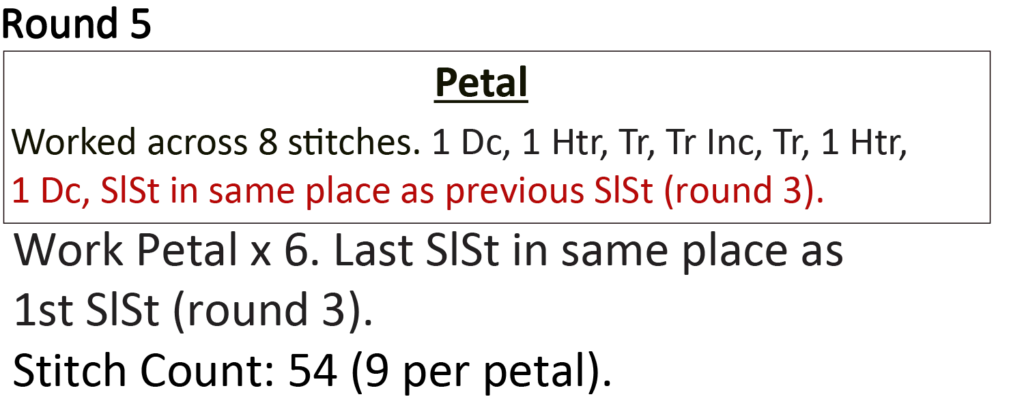 crochet pattern - easy crochet flower crochet written pattern, round 5, last slst, ss