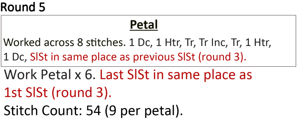 crochet pattern - easy crochet flower crochet photo pattern, round 5, slst, ss in round 3