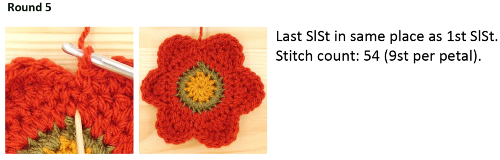 crochet pattern - easy crochet flower crochet photo pattern, round 5, slst, ss in round 3