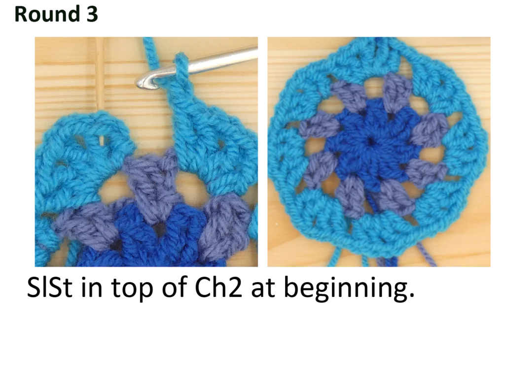 crochet pattern - easy crochet granny wheel / crochet wagon wheel crochet pattern photo pattern round 3 Slipstitch