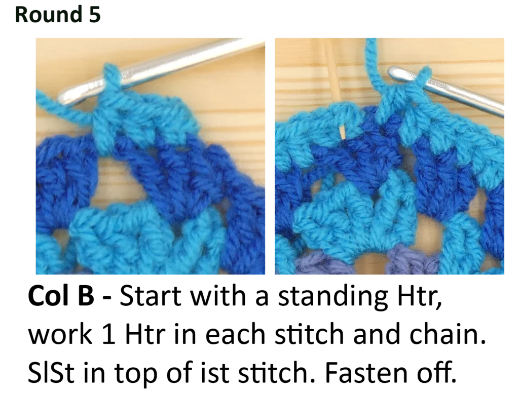 crochet pattern - easy crochet granny wheel / crochet wagon wheel crochet pattern photo pattern round 5 Standing Htr Hdc,